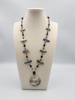 Iridescent Black Abalone Disc Pendant Necklace